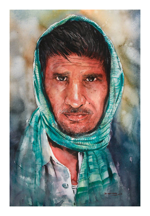 A painting from 'Faces of Nepal' Painting series by Bikram Wanem showing a man from southern plains of Nepal.