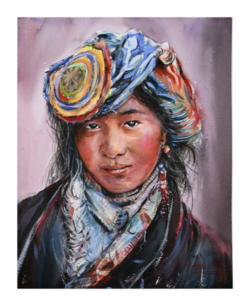 A painting from 'Faces of Nepal' paintings series by Bikram Wanem showing a girl from Tibet.