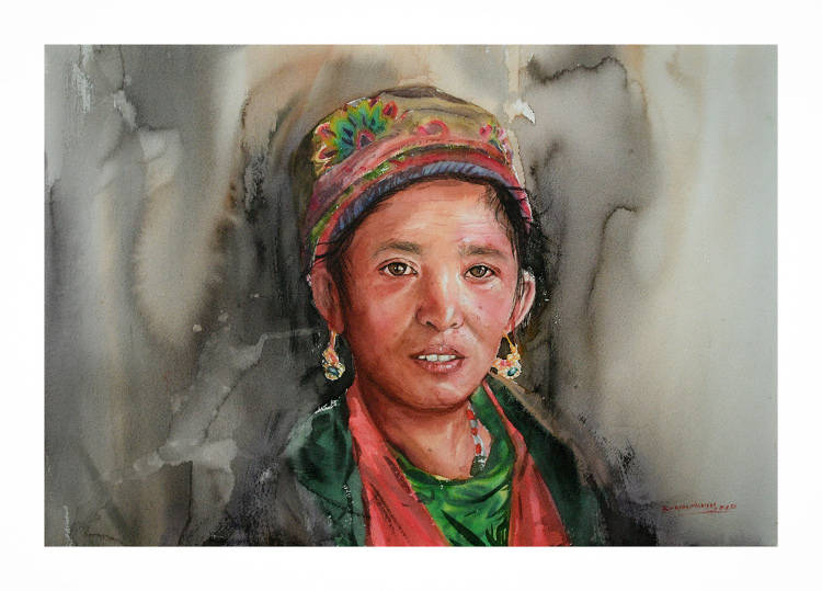 A painting from 'Faces of Nepal' Painting series by Bikram Wanem showing a young woman from the Himalayas.