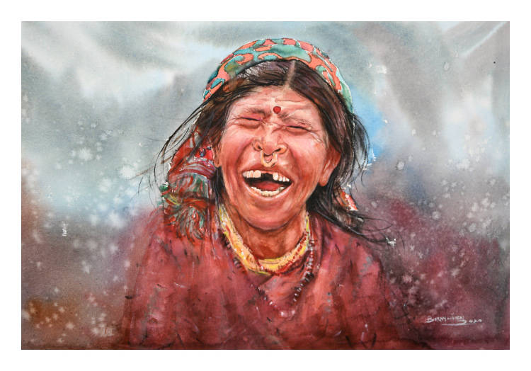 A painting from 'Faces of Nepal' painting series showing a woman from the hills of Nepal.