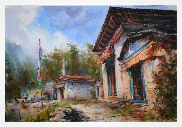 A painting from 'Landscapes of Nepal' Painting series by Bikram Wanem showing Buddhist Monastary in the Himalayas.